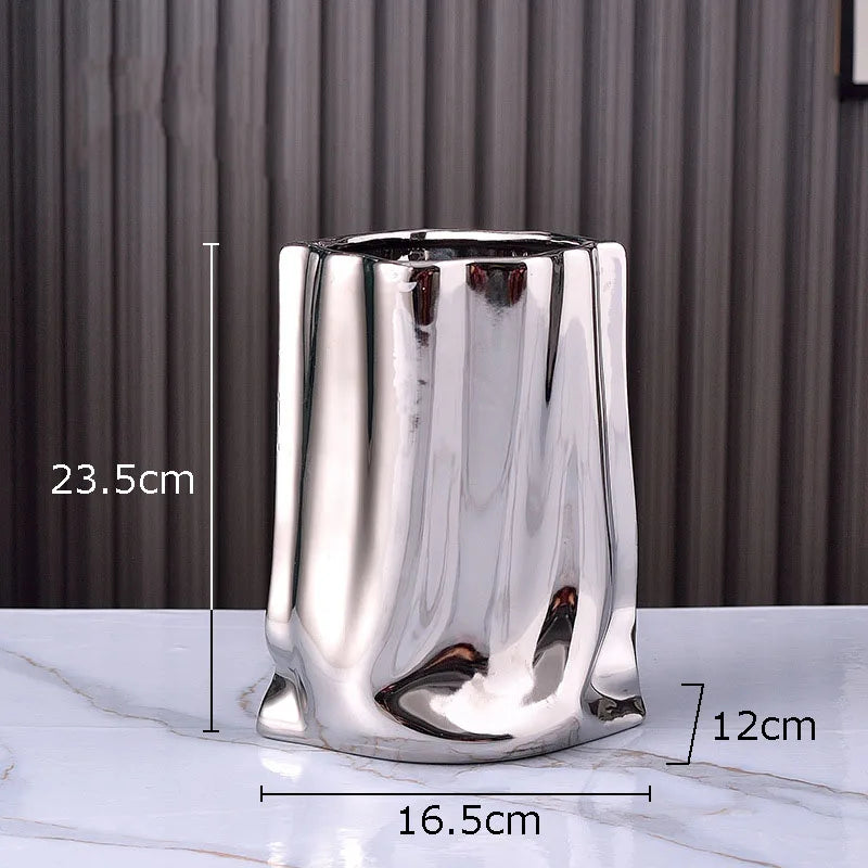 Afralia™ Gold Plated Pleated Texture Ceramic Vase for Desk Decor and Flower Arrangements