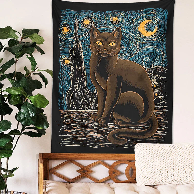 Afralia™ Starry Night Cat Tapestry: Van Gogh Inspired Mysterious Wall Decor