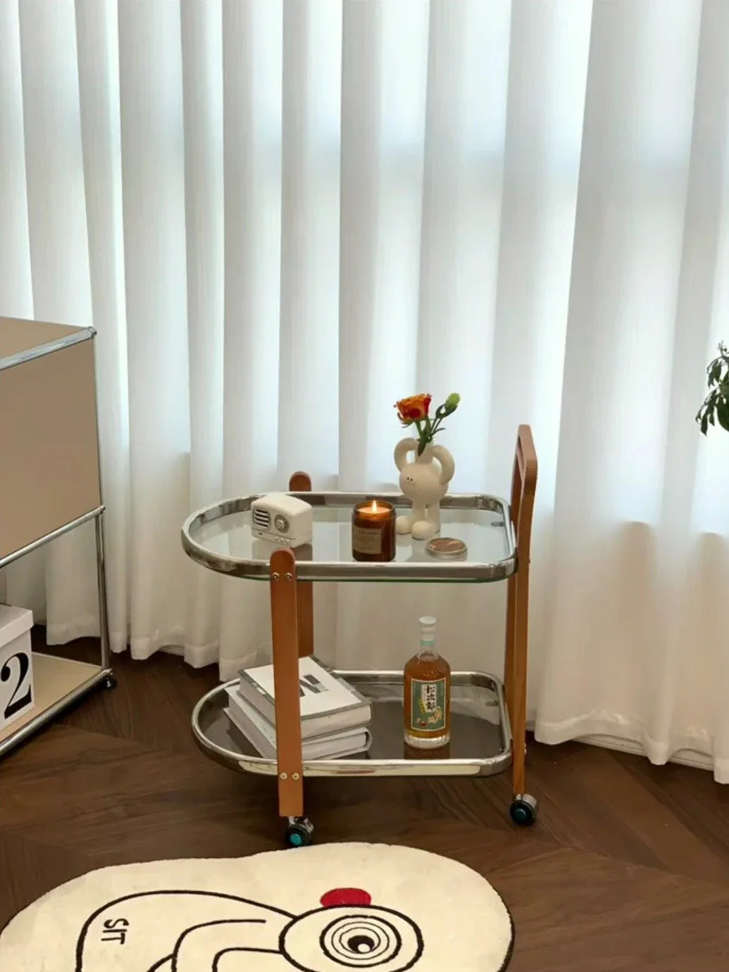 Afralia™ Nordic Wood End Table Tea Table, Movable Trolley, Glass Top, Multifunctional Storage Rack.