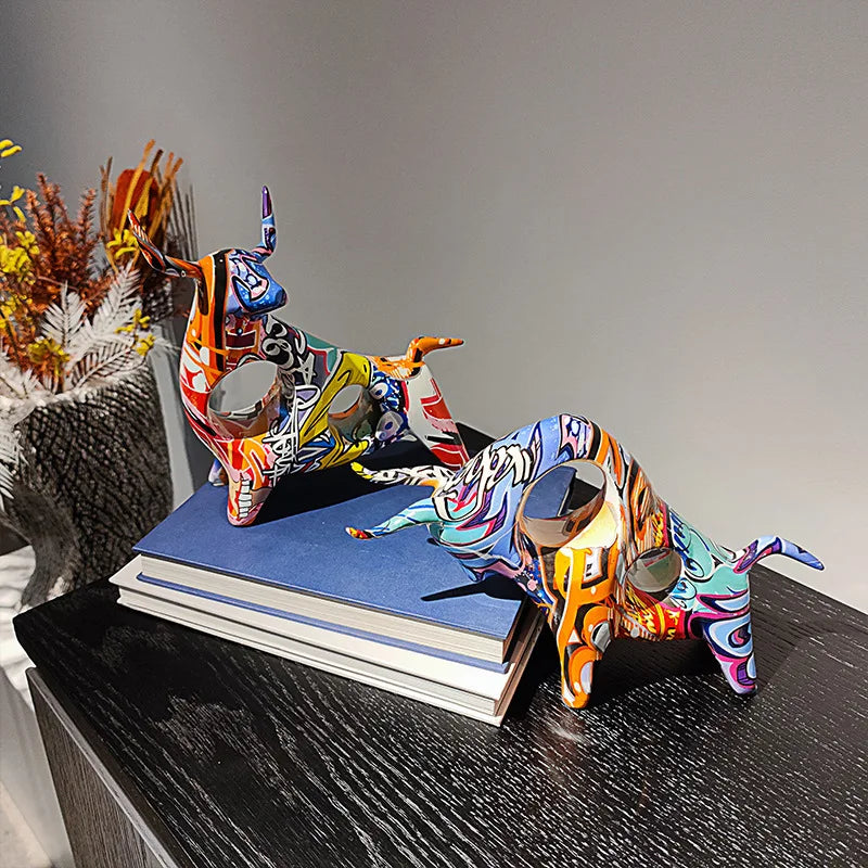 Afralia™ Colorful Bull Statue Home Decor Abstract Figurine Living Room TV Cabinet Ornament