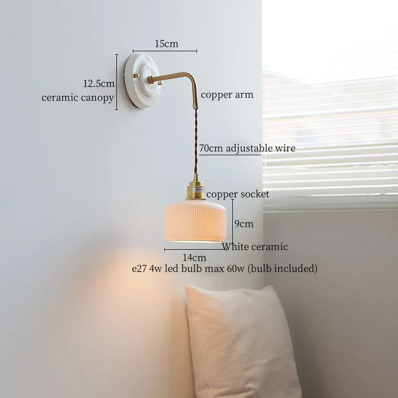 Afralia™ Ceramic Wall Sconce with Copper Arm | Pull Chain Switch LED Bedroom Lamp