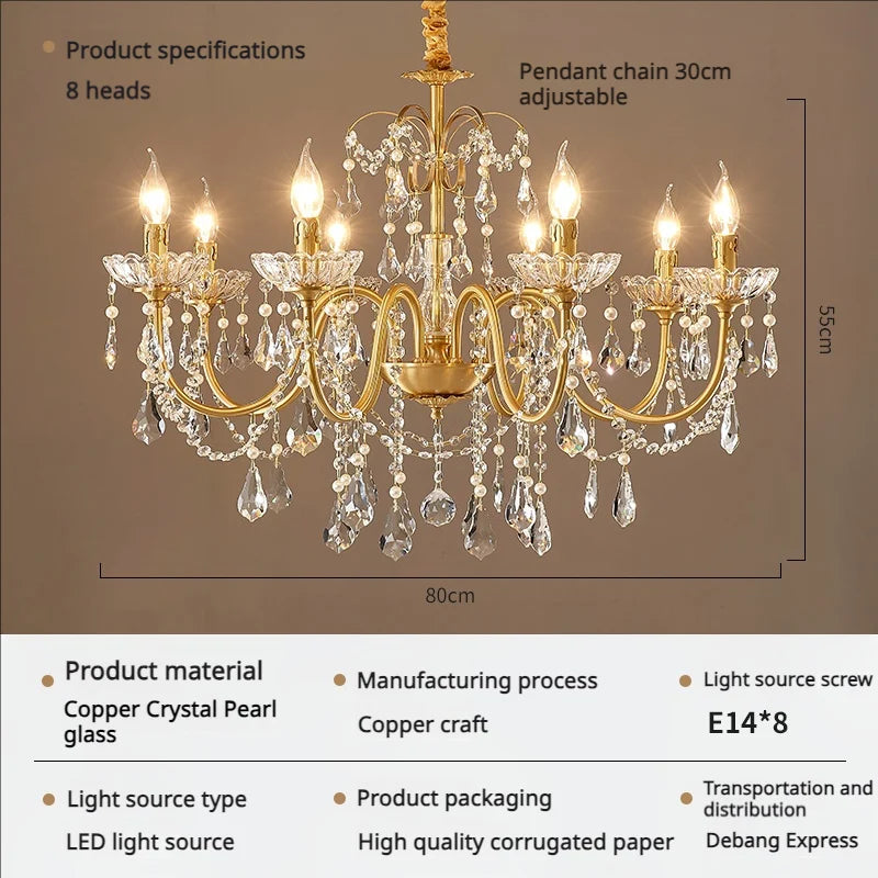 Afralia™ Full Copper Crystal Chandelier Light for Elegant Living Room, Dining Room, Bedroom