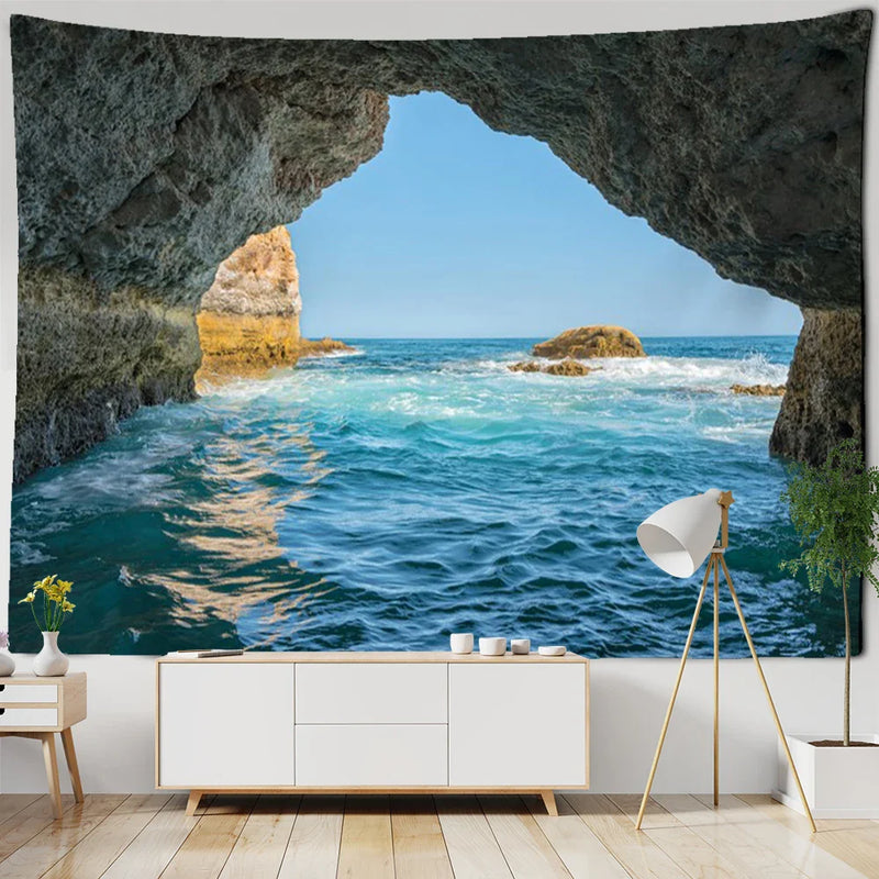 Afralia™ Coastal Cave Tapestry Wall Hanging - Boho Seaside Landscape Room Decor
