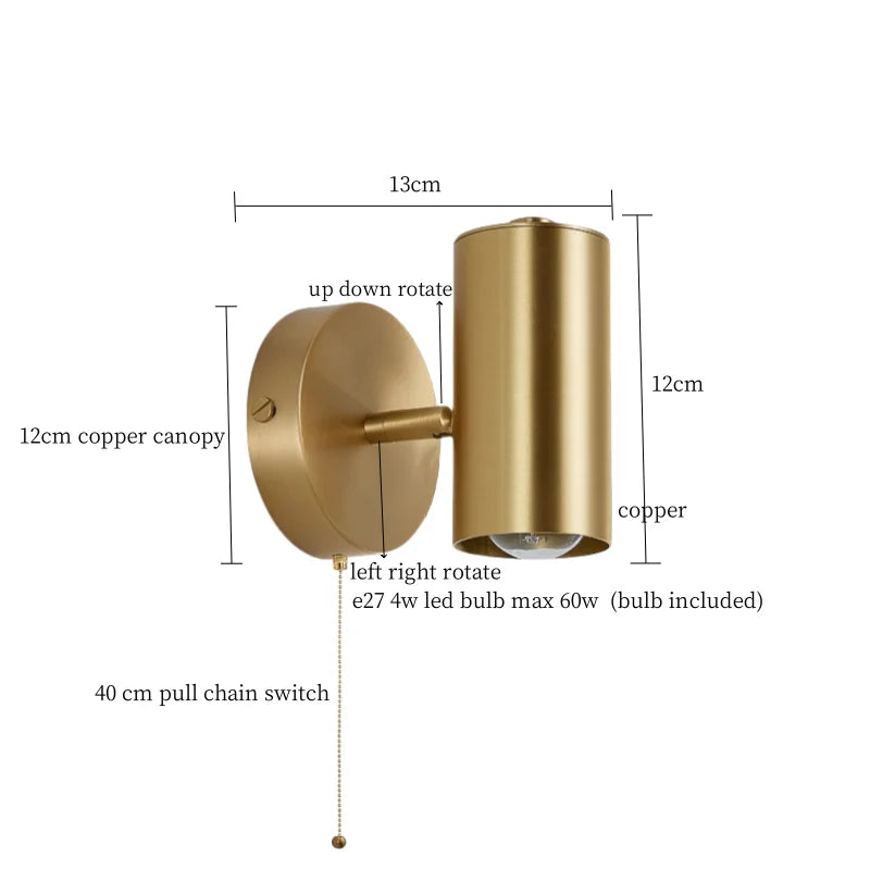 Afralia™ Nordic Copper LED Wall Lamp Pull Chain Switch Wandlamp