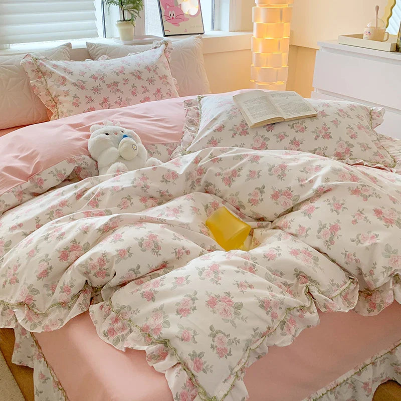 Afralia™ Floral Lace Ruffles Girl Bedding Set with Quilt/Duvet Cover, Sheet & Pillowcases
