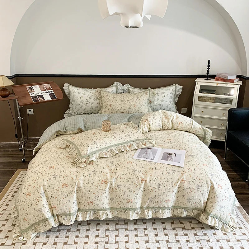 Afralia™ French Floral Bedding Set, 100% Cotton, Ruffles, Duvet Cover, Bed Sheet, Pillowcases