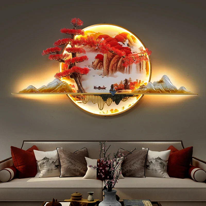 Afralia™ 3D Chinese Pine Landscape Picture Wall Lamp for Home Living Room