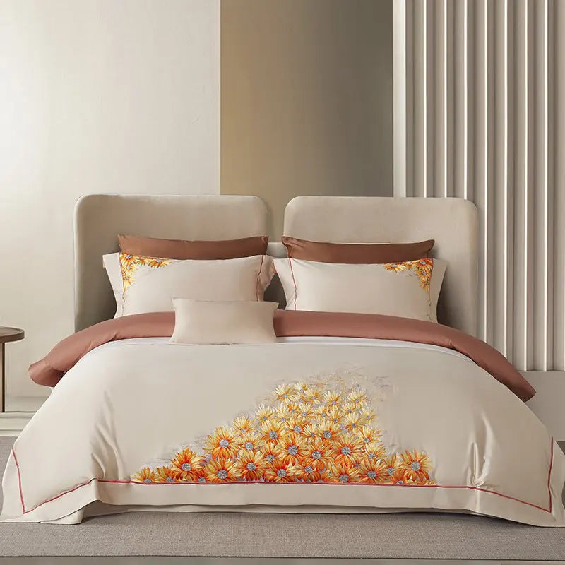 Afralia™ Sunflower Embroidery Bedding Set - Duvet Cover, Bed Sheet, Pillowcases Home Textiles