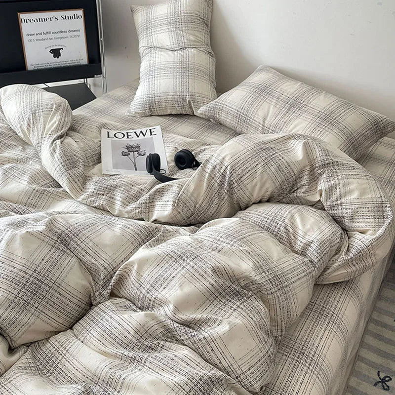 Afralia™ Natural Cotton Grid Duvet Cover - Twin Double Size