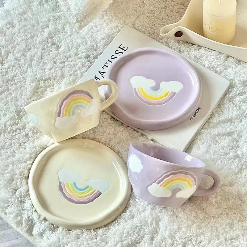 Afralia™ Rainbow Ceramic Coffee Mug Set with Tray Saucer, 250ml Korean Style