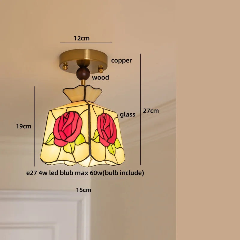 Afralia Wood Copper LED Ceiling Light Amber Glass Plafond Lamp