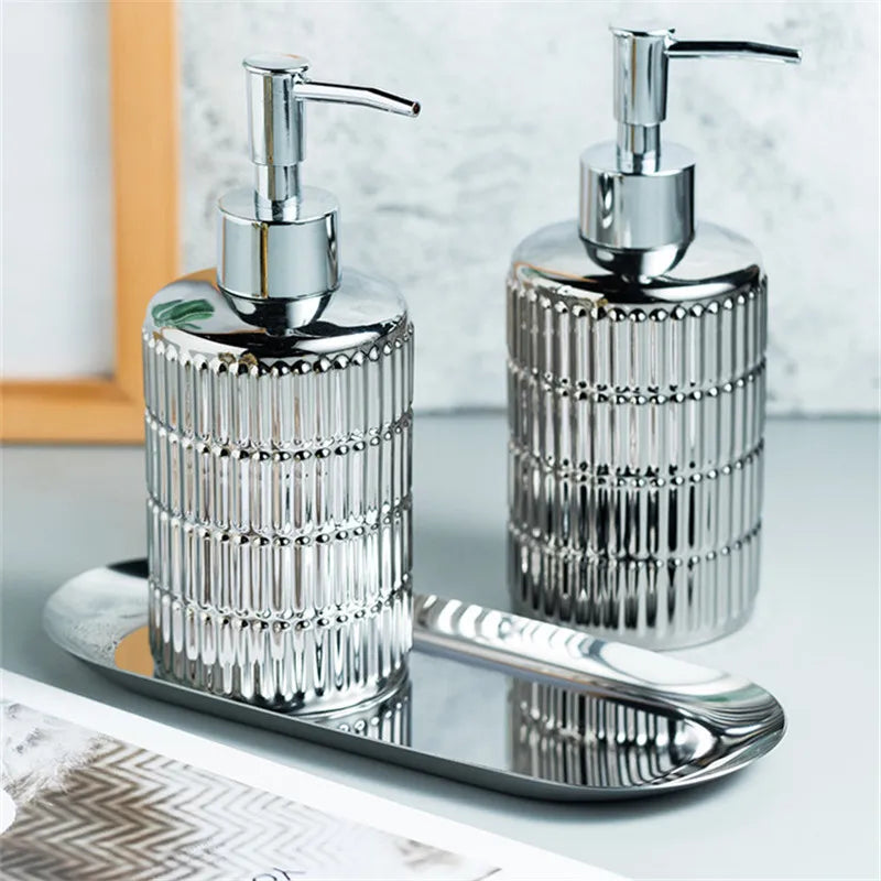 Afralia™ Ceramic Soap Dispenser Set | Silver Bathroom Shampoo Bottles 340 ML