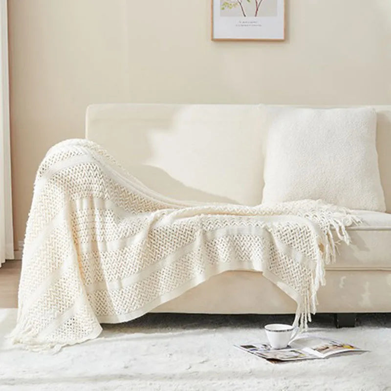 Afralia™ Knitted Tassels Blanket: Cozy Solid Color for Sofa, Bed, or Homestay