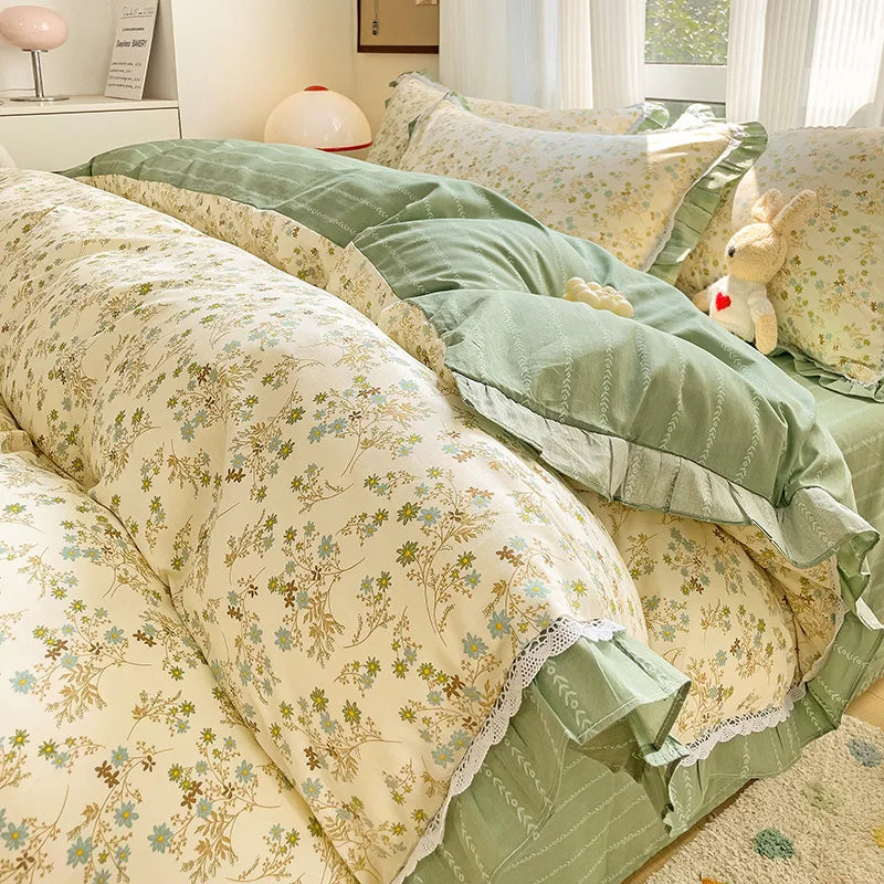 Afralia™ Floral Ruffles Bedding Set with Duvet Cover, Sheets, and Pillowcases