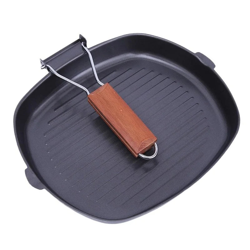 Afralia™ Square Cast Iron Grill Pan with Folding Wooden Handle | Non-Stick Steak Frying Pan for BBQ and Kitchen