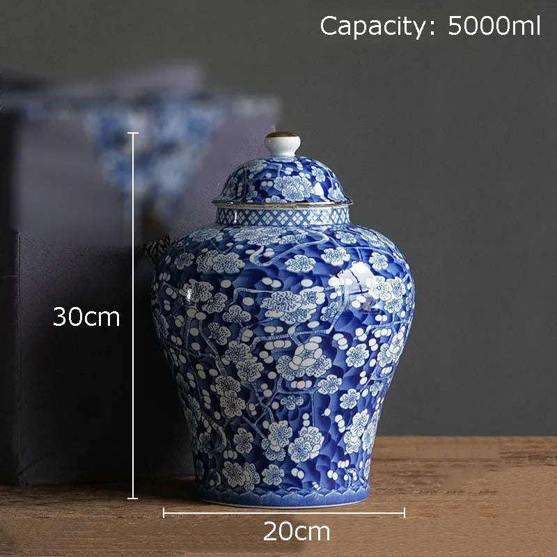 Afralia™ Blue & White Porcelain Jar with Gold Plating - Ceramic Storage & Desk Decor