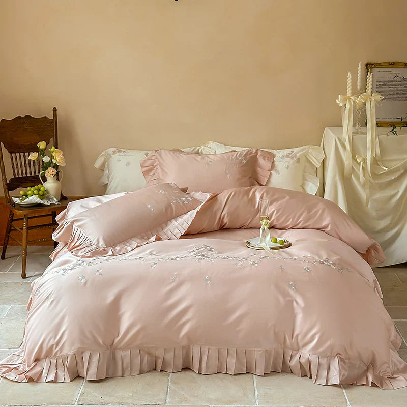 Afralia™ Princess Ruffles Flowers Embroidery 1000TC Egyptian Cotton Bedding Set