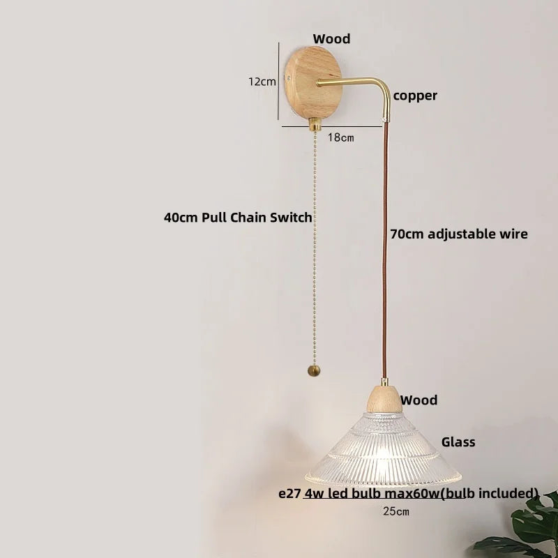 Afralia™ Wood Glass LED Wall Light with Pull Chain Switch