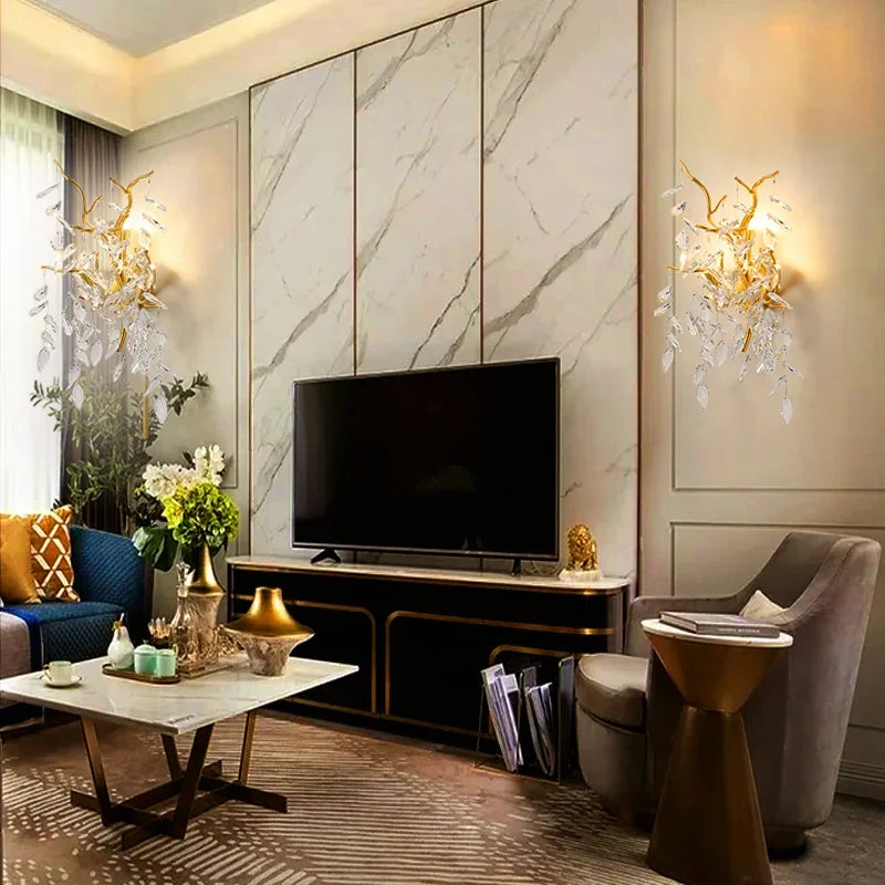 Afralia™ Luxury Gold Wall Sconce Crystal Decor LED Wall Light