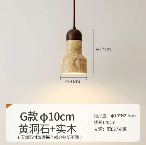 Afralia™ Japanese Wooden Stone Chandelier Pendant Light, Wabi-Sabi Style Yellow Cavity-Stone Lamp