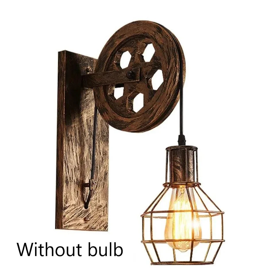Afralia™ Wrought Iron Pulley Wall Lamp for Home Bedroom Sconce Lighting Fixture E27