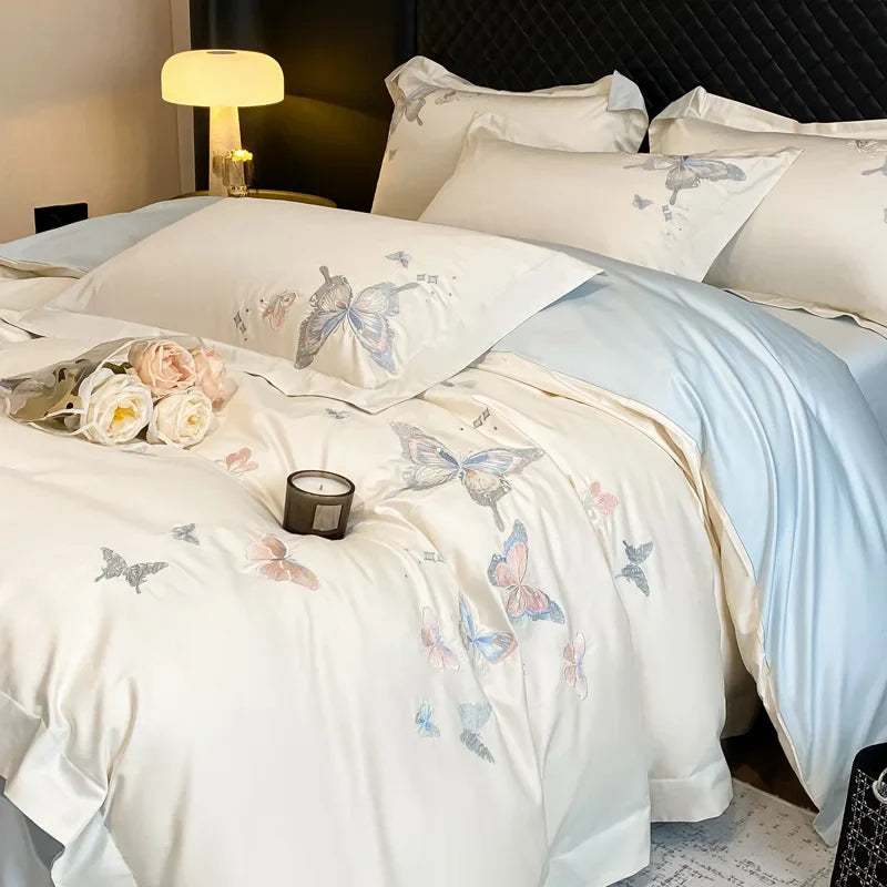Afralia™ Butterfly Embroidery 800TC Egyptian Cotton Bedding Set - Quilt Cover, Sheet, Pillowcases
