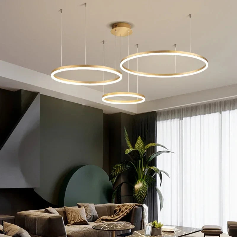 Afralia™ Brushed Rings LED Pendant Chandelier in Gold Coffee Color
