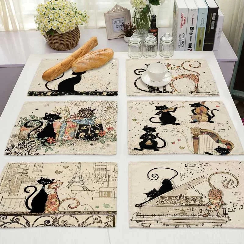 Afralia™ Black Cat Linen Placemat Set for Dining Table & Kitchen Decor