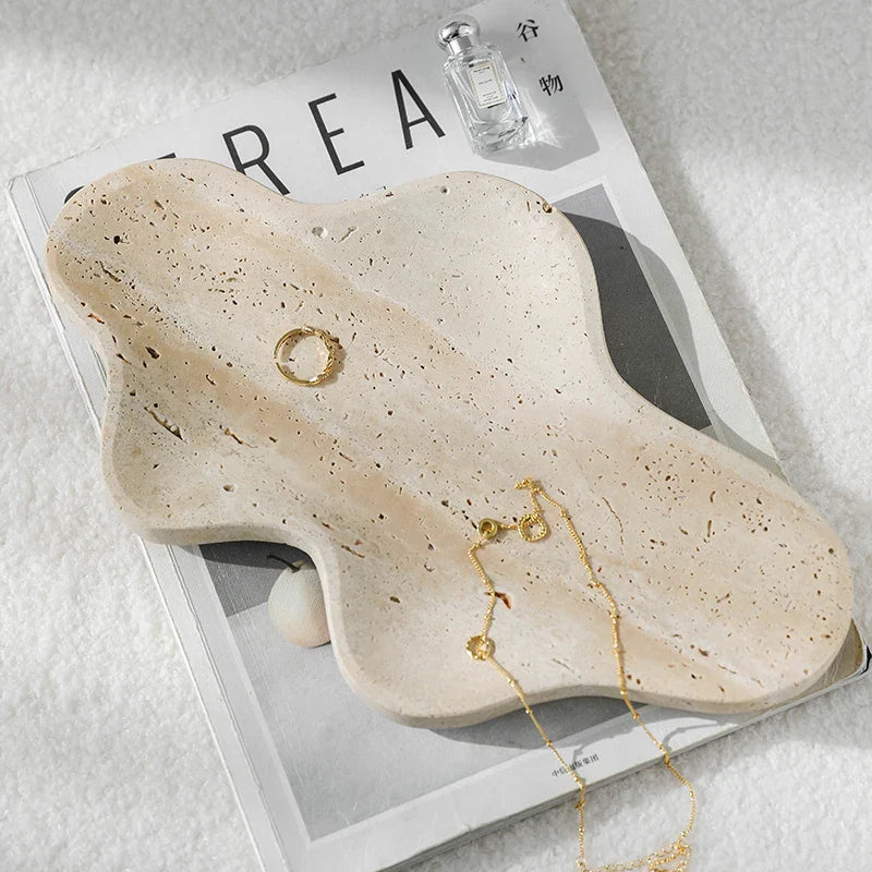 Afralia™ Travertine Serving Tray Coffee Table Decor Dish - Irregular Trinket Jewelry Key Tray