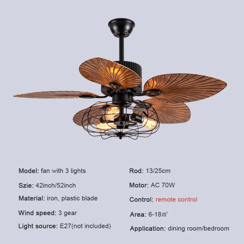 Afralia™ Retro Palm Leaf Ceiling Fan with Strong Power and Pendant Light