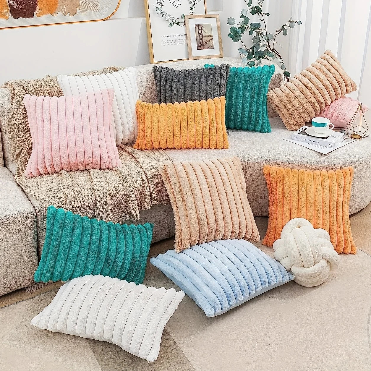 Afralia™ Faux Fur Striped Pink Throw Pillow Cover 18x18in for Home Decor