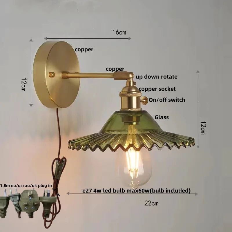Afralia™ Green Glass LED Wall Lights with Pull Chain Switch - Vintage Copper Sconce