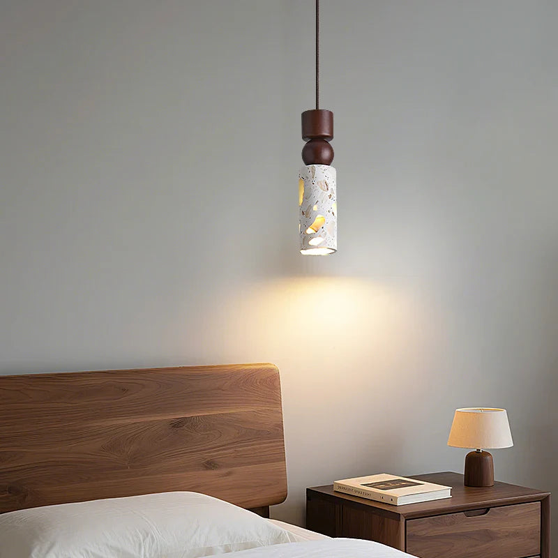 Afralia™ LED Terrazzo Pendant Lamp White Stone Wood Hanging Light