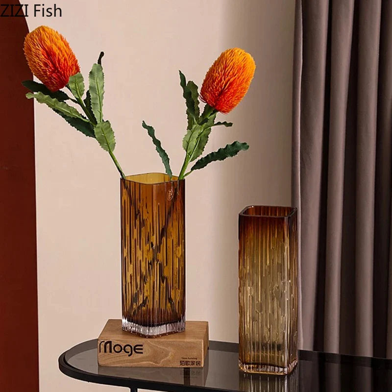 Amber Glass Vase & Artificial Flower Arrangement Set by Afralia™