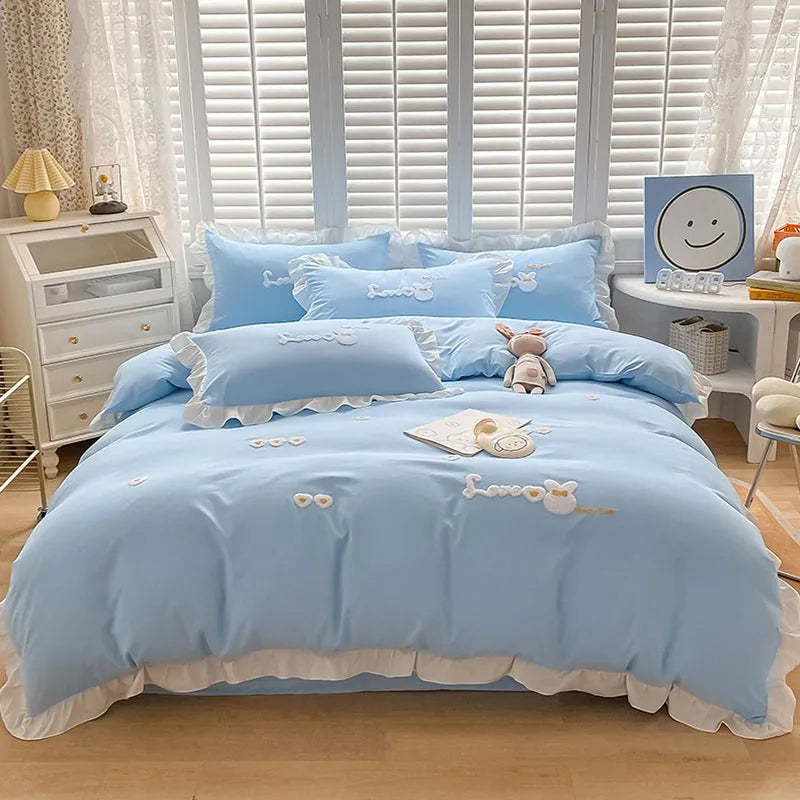 Afralia™ Cartoon Embroidery 100% Cotton Bedding Set King Queen Bedclothes