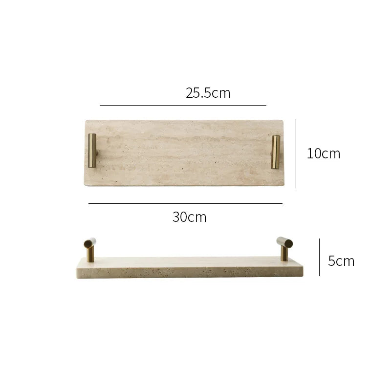 Afralia™ Beige Travertine Stone Tray with Golden Metal Handle