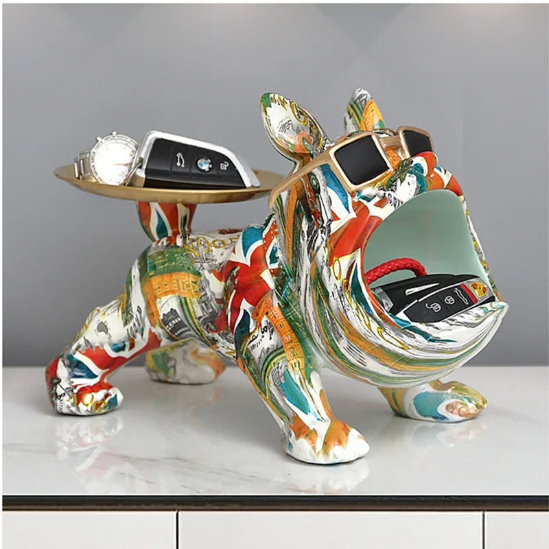 Afralia™ Resin French Bulldog Figurine with Tray - Colorful Dog Statue for Home Office Decor