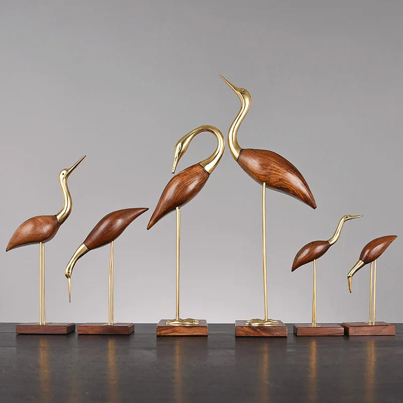 Afralia™ Wooden Crane Swan Brass Sculpture Home Decor Figurine