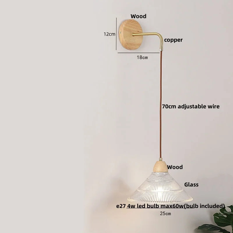 Afralia™ Clear Glass LED Wall Lights with Wood Pull Chain Switch - Modern Copper Stair Light
