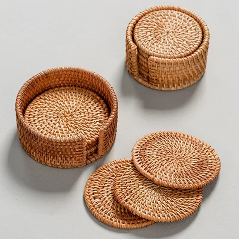 Afralia™ Woven Rattan Drink Coasters Set, 6Pcs, Tableware Placemat for Tea, Pot, Bowl