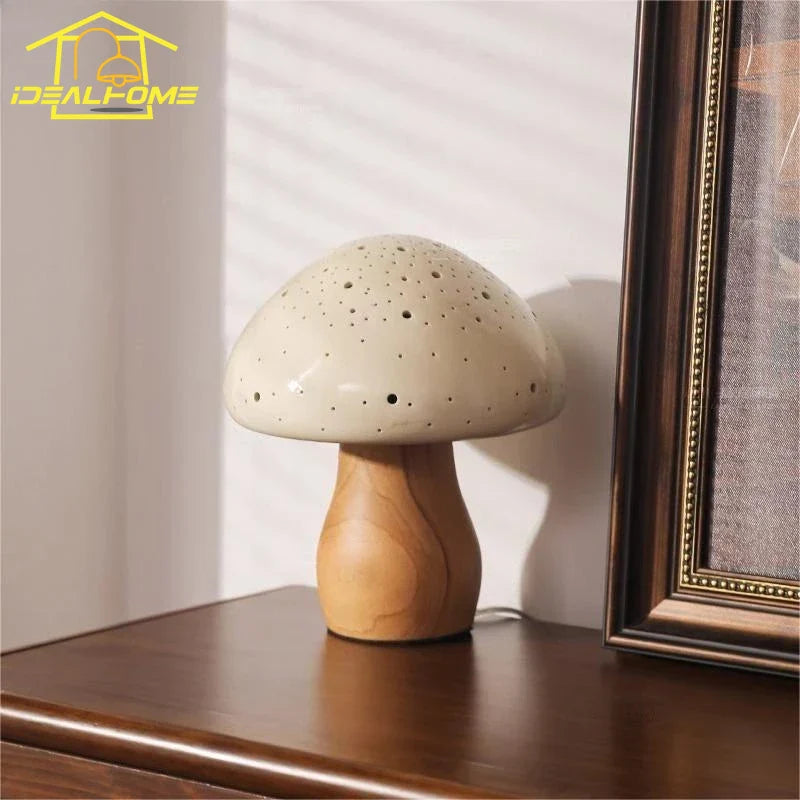 Afralia™ Ceramic Mushroom Table Lamp LED Wood Art Decor Desk Light