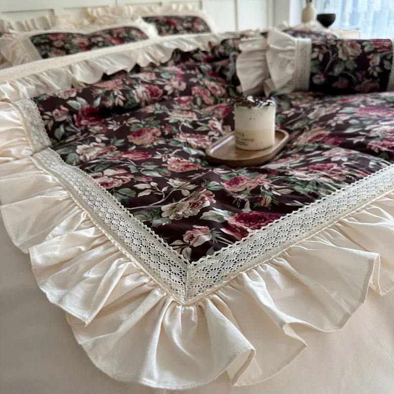 Afralia™ French Rose Flowers Pattern Bedding Set, 100% Cotton, Ruffles, Duvet Cover, Bed Skirt