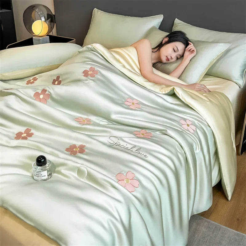 Afralia™ Washed Satin Embroidered Cool Blanket - Soft Skin-Friendly Summer Quilt