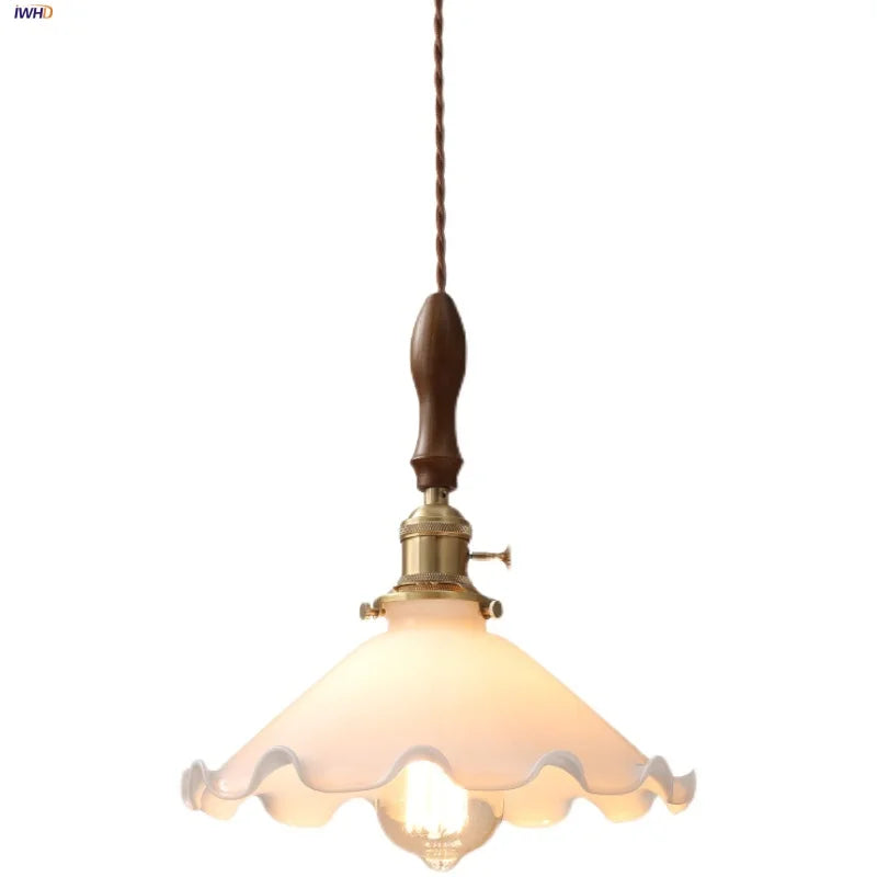 Afralia White Glass LED Pendant Lights with Walnut Wood Details