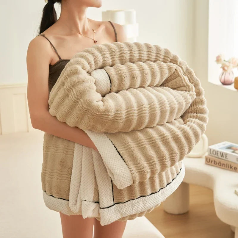 Afralia™ Cozy Rabbit Plush Blanket: Soft Striped Warm Sofa Throw, Absorbent Breathable Nap Blanket