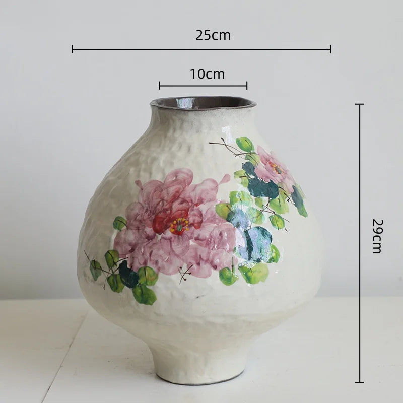 Afralia™ Handmade Chinese Watercolor Flower Vase Retro Decorative Earthenware Jars