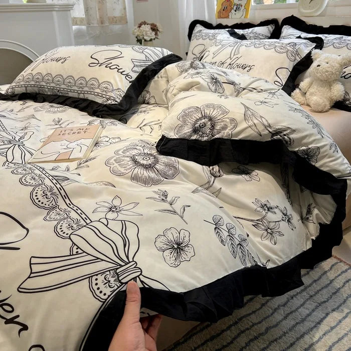 Afralia™ Korean Black White Hepburn Style Bedding Set with Lace Fitted Sheet Set