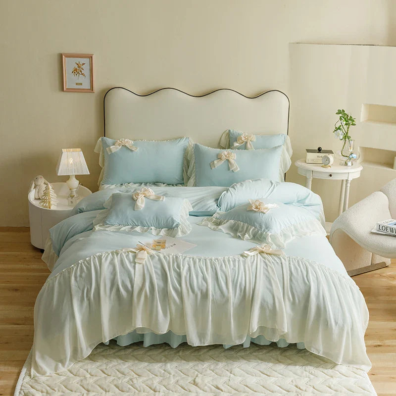 Afralia™ Sweet Lace Ruffles Flowers Bow Wedding Bedding Set - 200X230cm