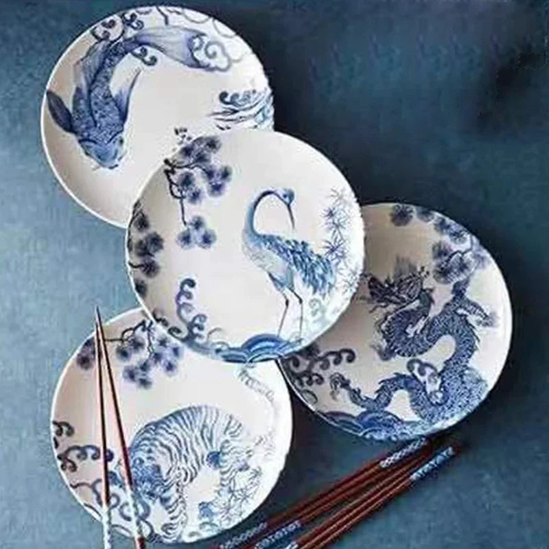 Afralia™ Blue and White Ceramic Animal Dinner Plates - Set of 4