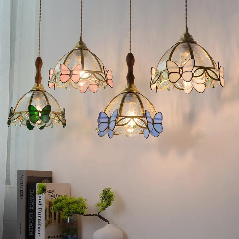 Afralia™ Tiffany Butterfly Glass LED Pendant Lights - Nordic Modern Wood Kitchen Fixture